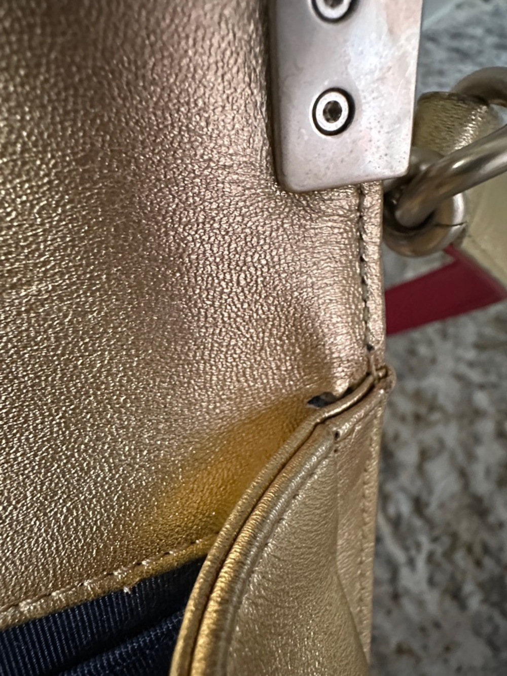 CHANEL Gold Shoulder Bag with Red Accent Strap (PREOWNED). - Picture 10 of 15